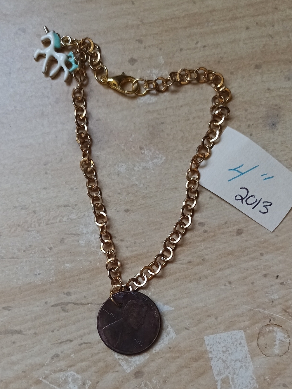 Gold-Tone Chain Bracelet with Mint Unicorn and 2013 Penny Charm